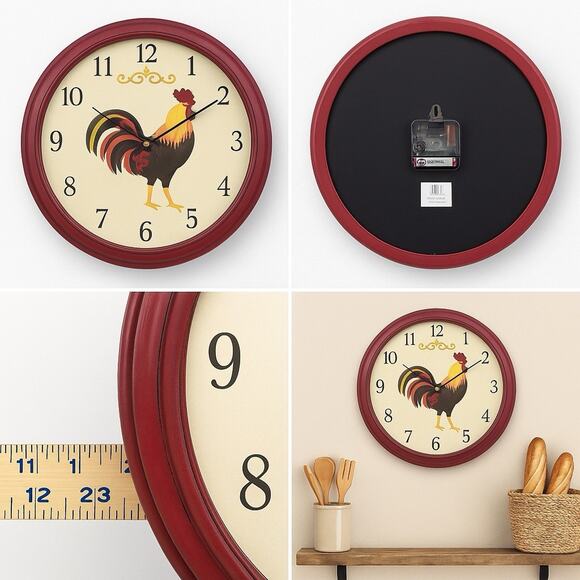 Country Rooster Wall Clock Rustic Farmhouse Kitchen Decor Red Frame 13” - Picture 1 of 4